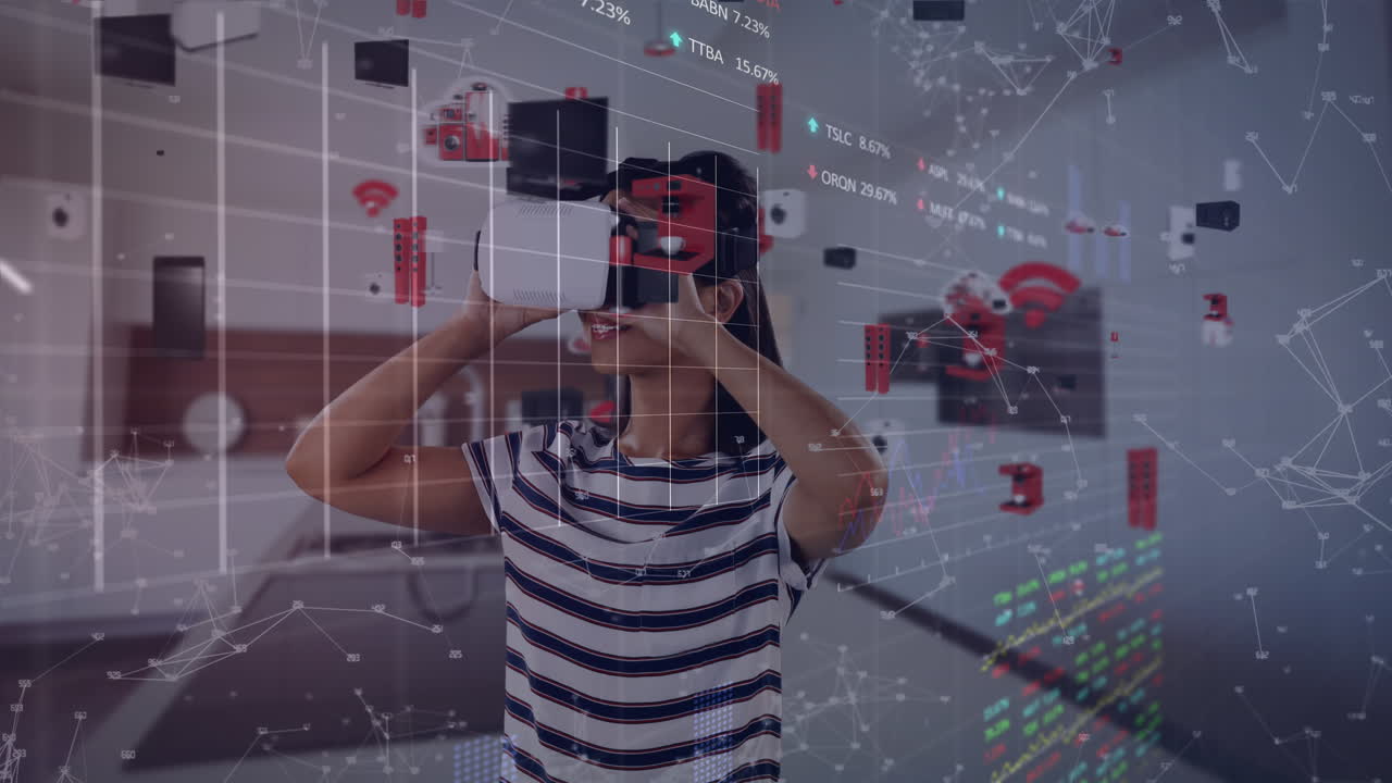 Animation of data processing over caucasian woman with vr headset