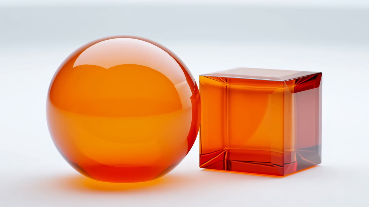 Orange Glass Sphere And Cube On Clean White Background With Highkey Studio Lighting, Glossy Reflections