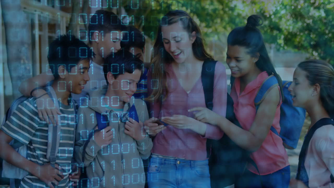 Group of students looking at phone with binary code animation overlay