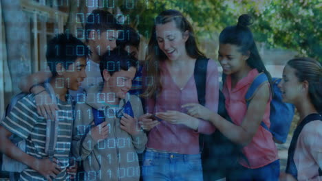 group of students looking at phone with binary code animation overlay