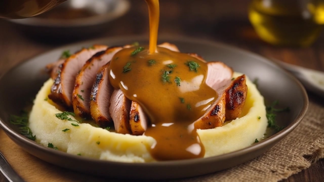 Rich Gravy Being Poured Over Sliced Roasted Meat and Mashed Potatoes
