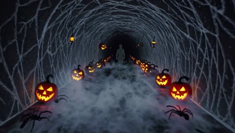 misty halloween corridor featuring tangled spiderwebs, glowing carved pumpkins, haunting ghostly figure drifting through dense fog toward shadowy depths