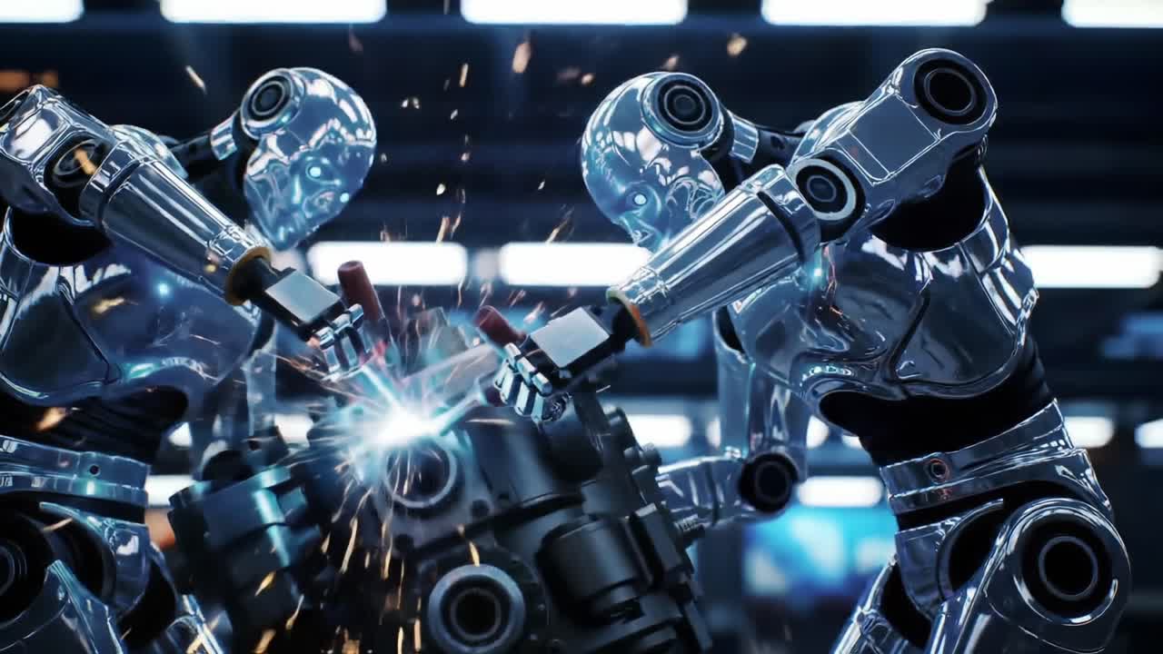 Robots Engaged in Precision Welding Operation: A Glimpse into Advanced Automation and Robotics Technology in Modern Manufacturing Environments