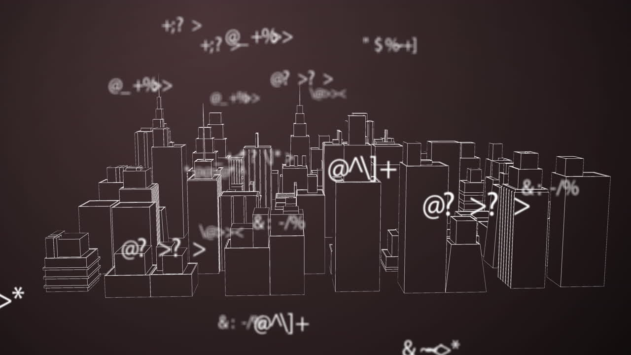 갈색 배경에 회전하는 3차원 도시 모델에 대한 수학적 기호