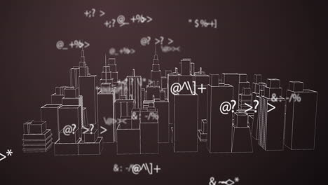 símbolos matemáticos contra el modelo de ciudad 3d giratorio en fondo marrón