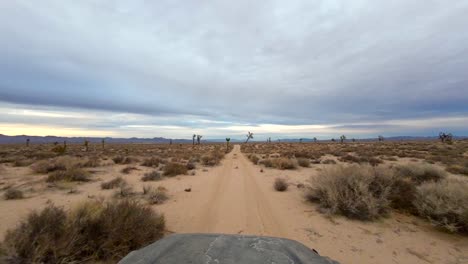 un capó dañado por el sol de un vehículo mientras conduce por un camino de tierra en el desierto de mojave hacia la puesta de sol