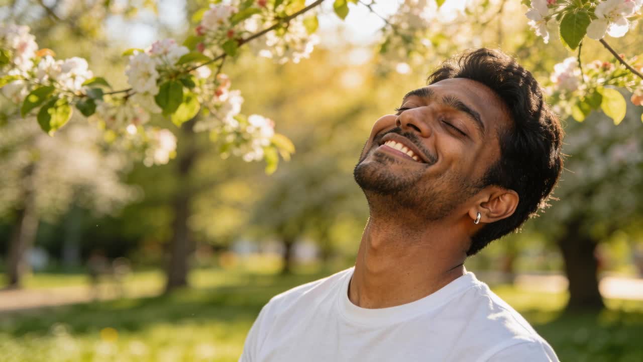 Tilting man, white tee, hoop earring, closing eyes, smiling, sunlight falling near blossoms in park