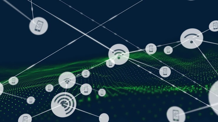 Animation of network of connections over navy background