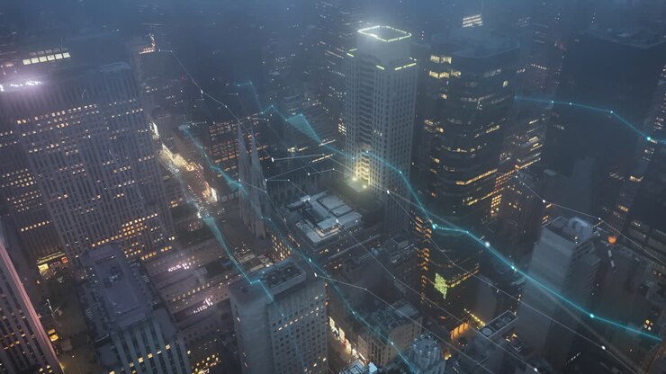 Grafici e diagrammi su sfondo sfocato e illuminato della città di New York - animazione CGI