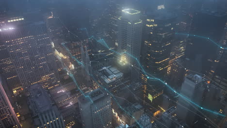 charts and graphs on hazy illuminated new york city background - cgi animation