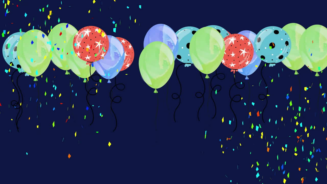 animación de globos coloridos que vuelan y caen confeti sobre un fondo azul