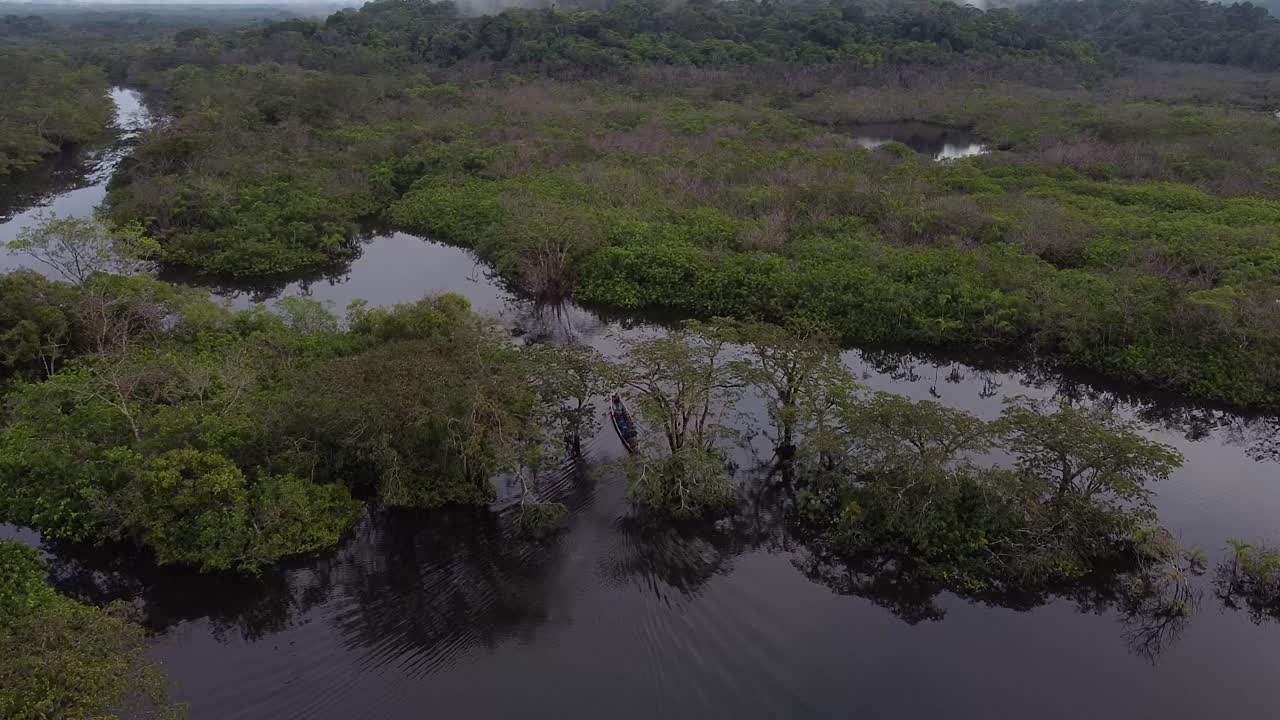 Aerial View of People in a Canoe on a River in the Amazon Rainforest