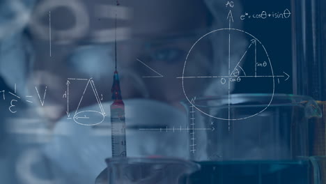 animación de fórmulas matemáticas sobre el científico en el laboratorio