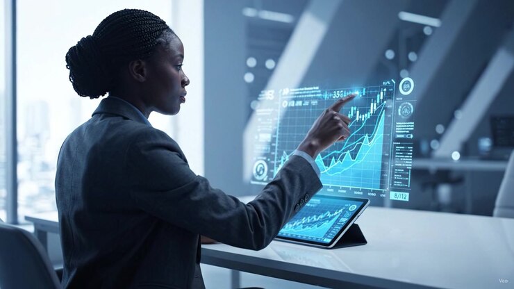 Focused on Data Analysis: A Business Professional Engaged with Interactive Graphs and Metrics on a Tablet in a Modern Office Environment