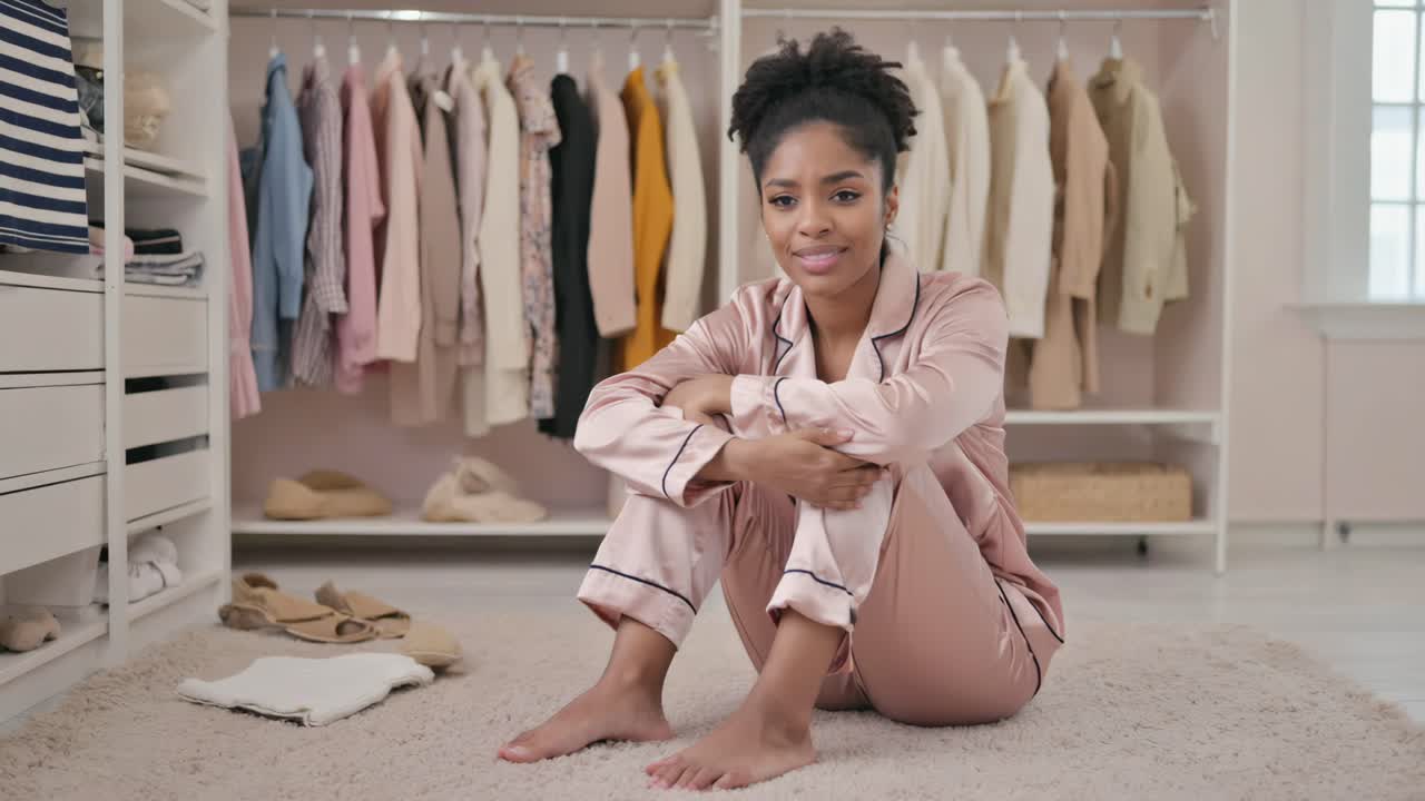 Woman in Pajamas Sitting on Carpet in Closet