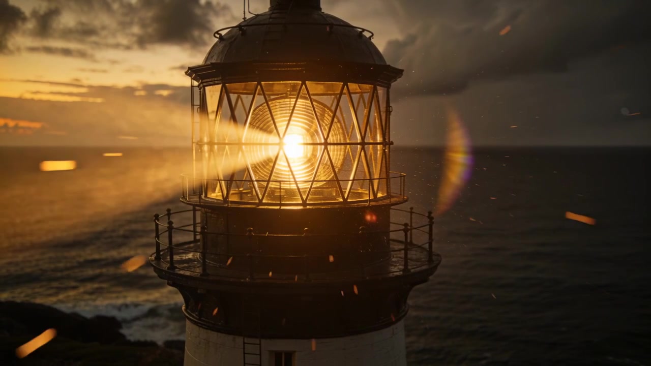 Lente di Fresnel che si illumina e ruota, proiettando un ampio fascio di luce sull'oceano al tramonto, guidando le navi.