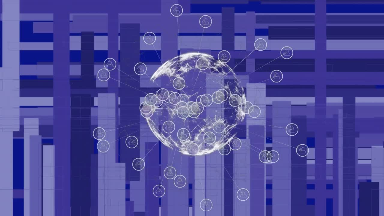 Animation of globe and network of connections over purple lines