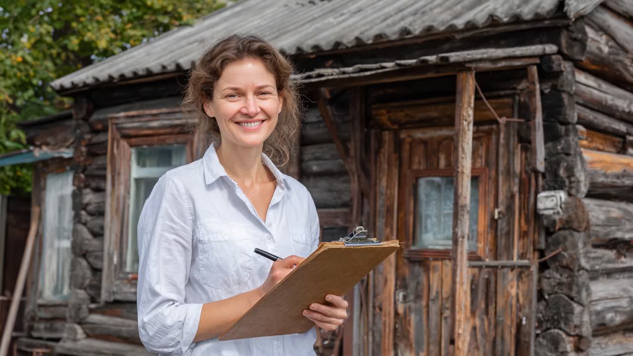 A Smiling Woman Holding a Clipboard Outside a Rustic Wooden House, Engaged in a Thoughtful Task While Enjoying the Beautiful Outdoor Setting