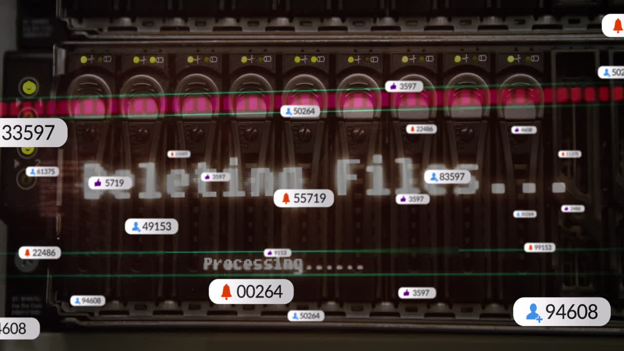 컴퓨터 서버의 클로즈업에 대한 소셜 미디어 아이콘의 애니메이션