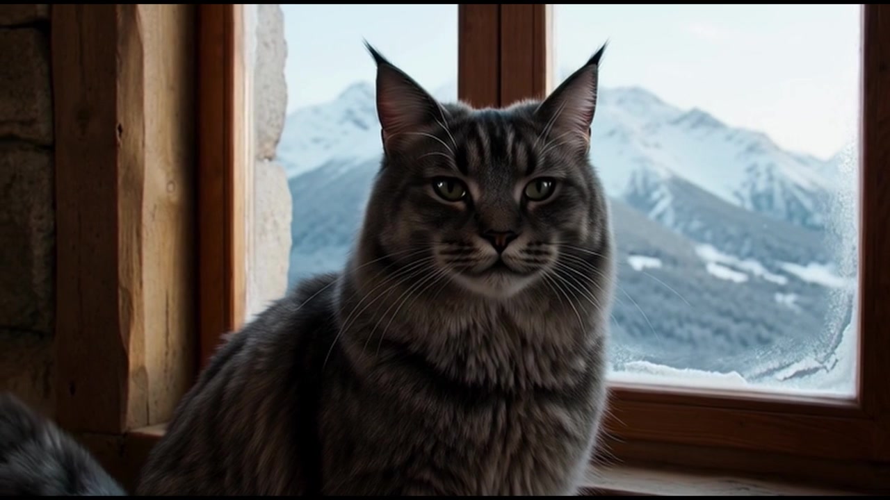 雪山を見下ろす窓辺に座るメインクーン猫