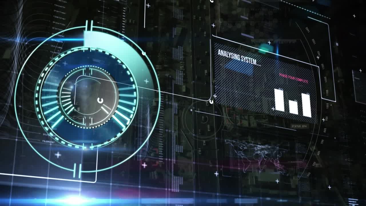 Animazione di scansione della portata ed elaborazione dei dati su un paesaggio urbano