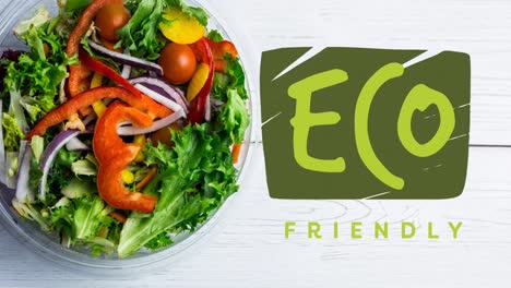 Animation-of-eco-friendly-text-in-green-over-bowl-of-fresh-organic-vegetable-salad-on-wooden-boards