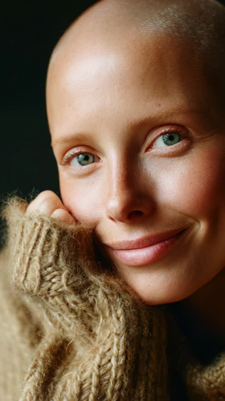 A close-up portrait of a smiling woman with a bald head and soft features, wearing a cozy sweater, reflecting warmth and confidence in her expressive facial expression