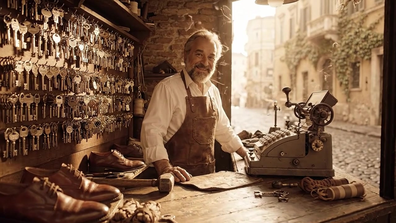 Un abile artigiano in un negozio di antiquariato: lo spazio di lavoro di un artigiano circondato da chiavi, scarpe e attrezzature vintage, catturato nella calda luce del pomeriggio.