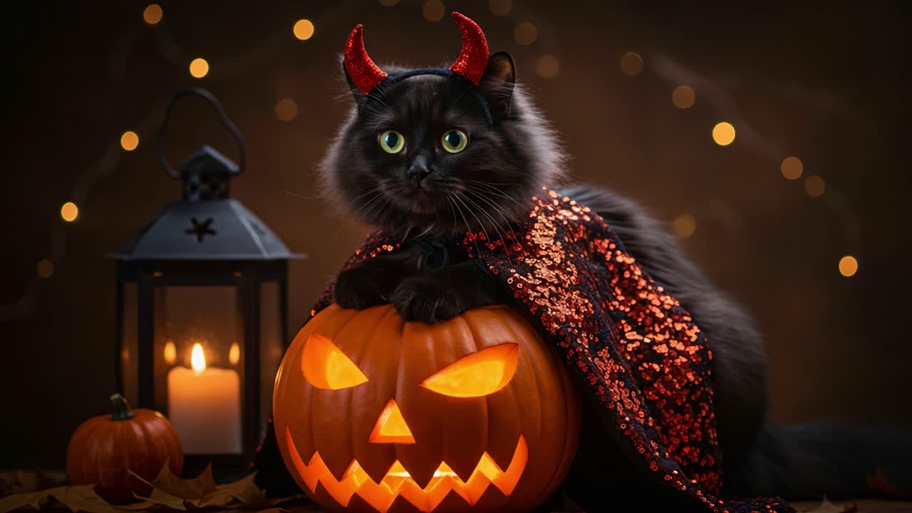 A Spooky Cat in a Costume: A Black Feline with Devil Horns and a Sparkly Cape Posing Next to a Jack-O'-Lantern, Creating a Festive Halloween Atmosphere
