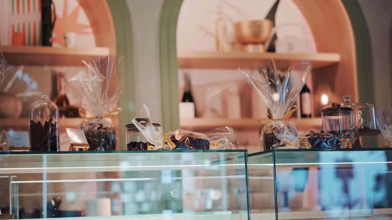A pastry shop display filled with gift wrapped baked goods and jars, shot in warm decorative interior lighting