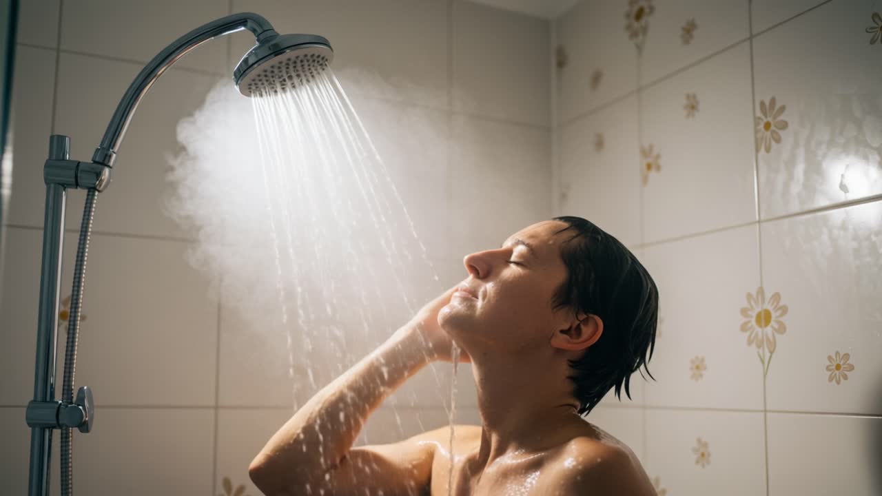 A Serene Moment of Refreshment: Capturing the Tranquility of a Shower Experience with Water Cascading and a Person in Deep Relaxation