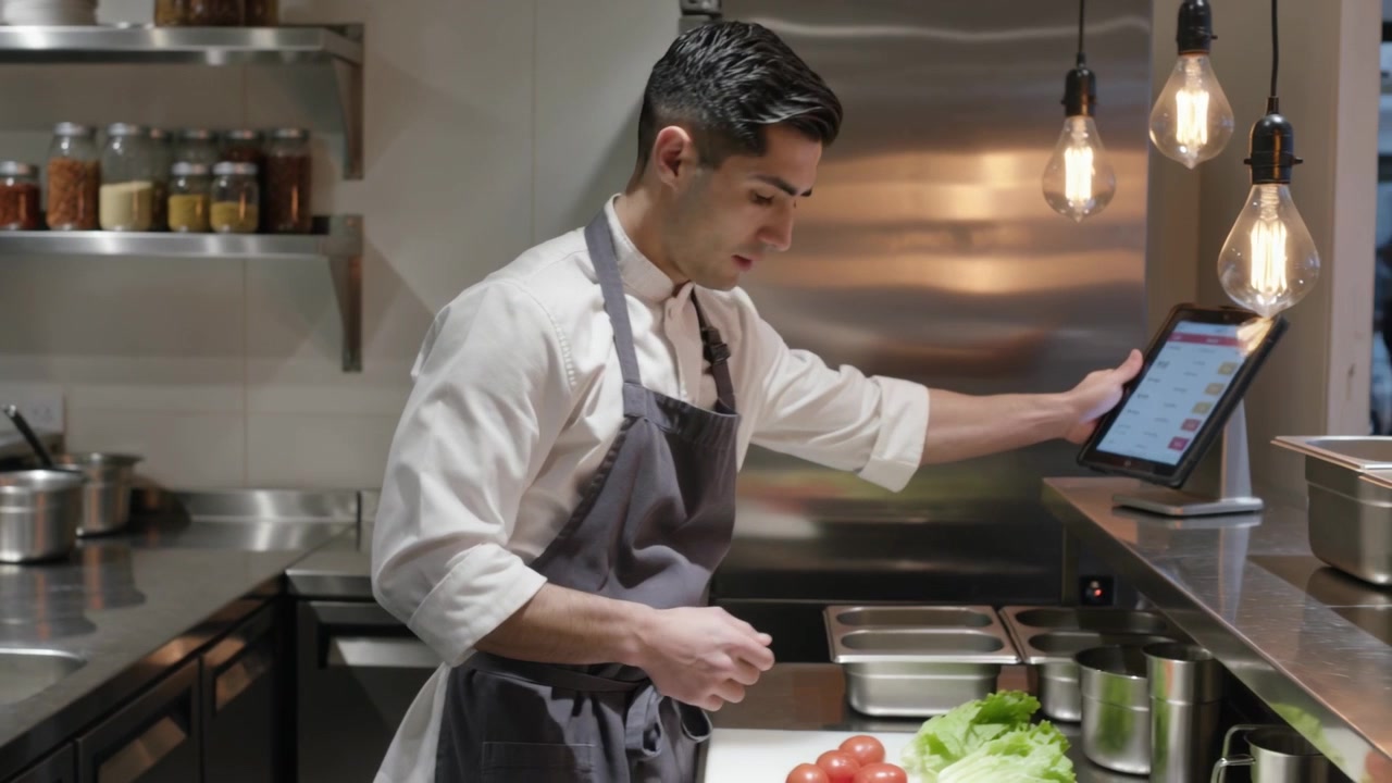 Chef in camicia bianca tocca il tablet, posizionando lattuga e pomodori in un supporto per il servizio in cucina.
