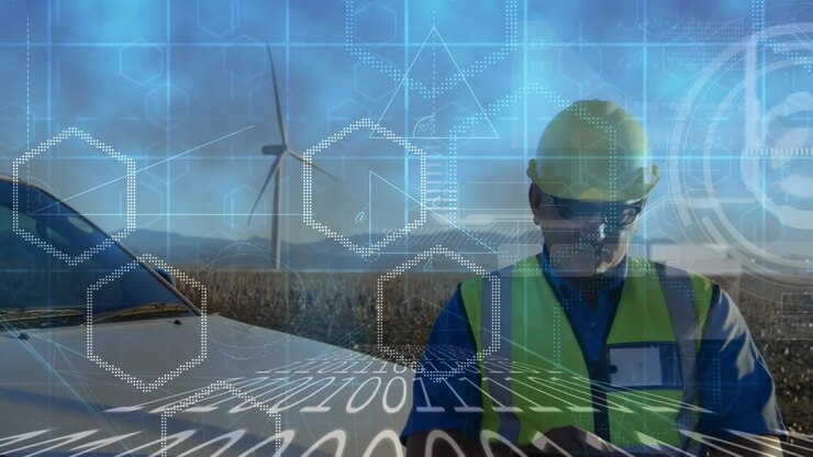 Animation of data processing and binary coding over caucasian male engineer using tablet