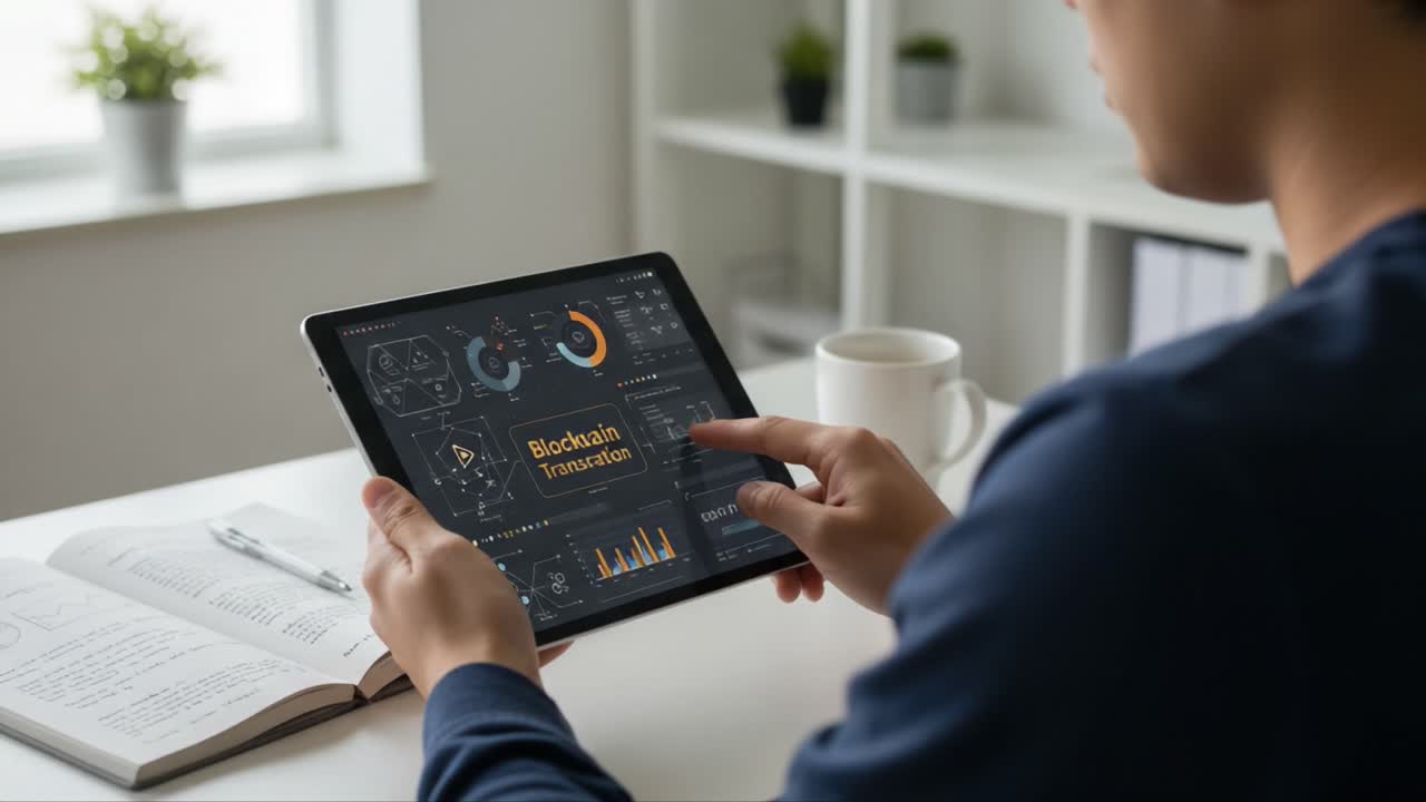 Engaged in Digital Finance Analysis: A User Interacting with Blockchain Transaction Data on a Tablet While Learning About Financial Technology