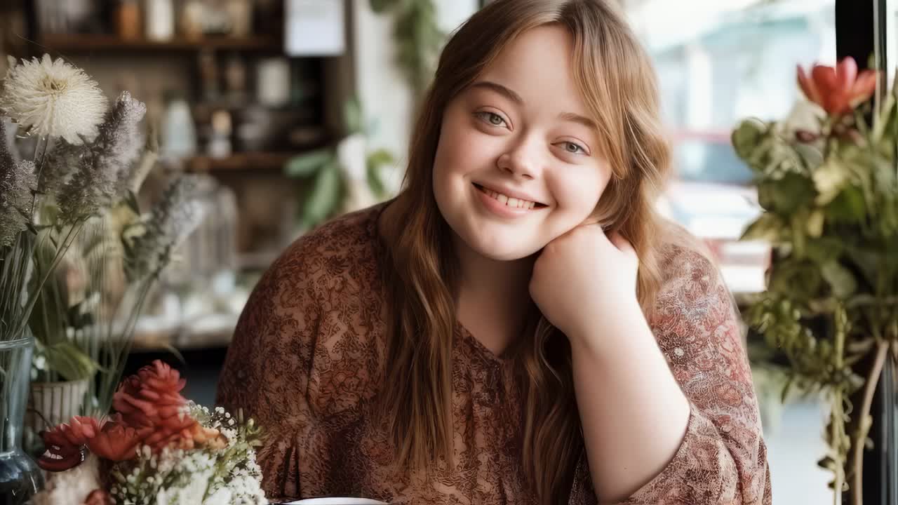 Portrait of a cheerful young florist with down syndrome smiling and looking away while sitting in her flower shop surrounded by colorful bouquets
