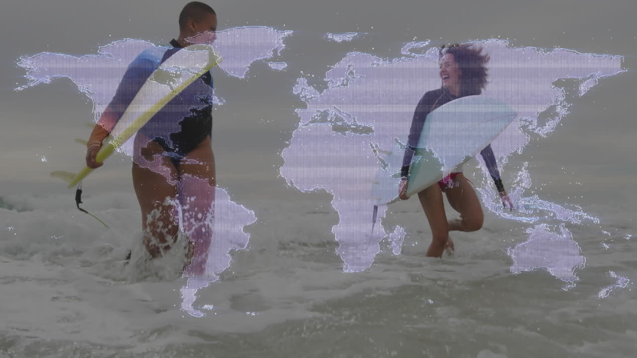 Surfing ocean waves with world map animation overlay in background