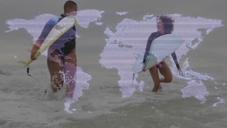 surfing ocean waves with world map animation overlay in background
