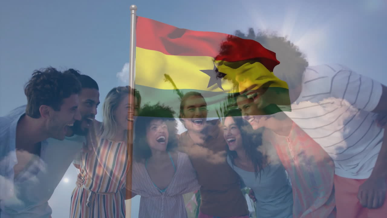 Laughing friends with Ghana flag animation overlay in bright sky background