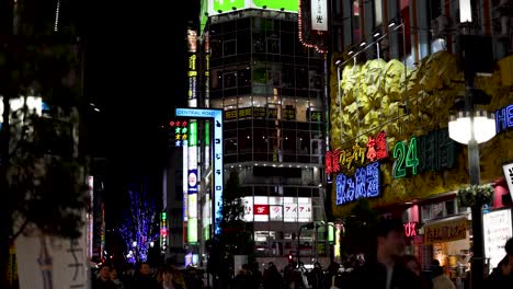 crowds moving through illuminated urban streets at night