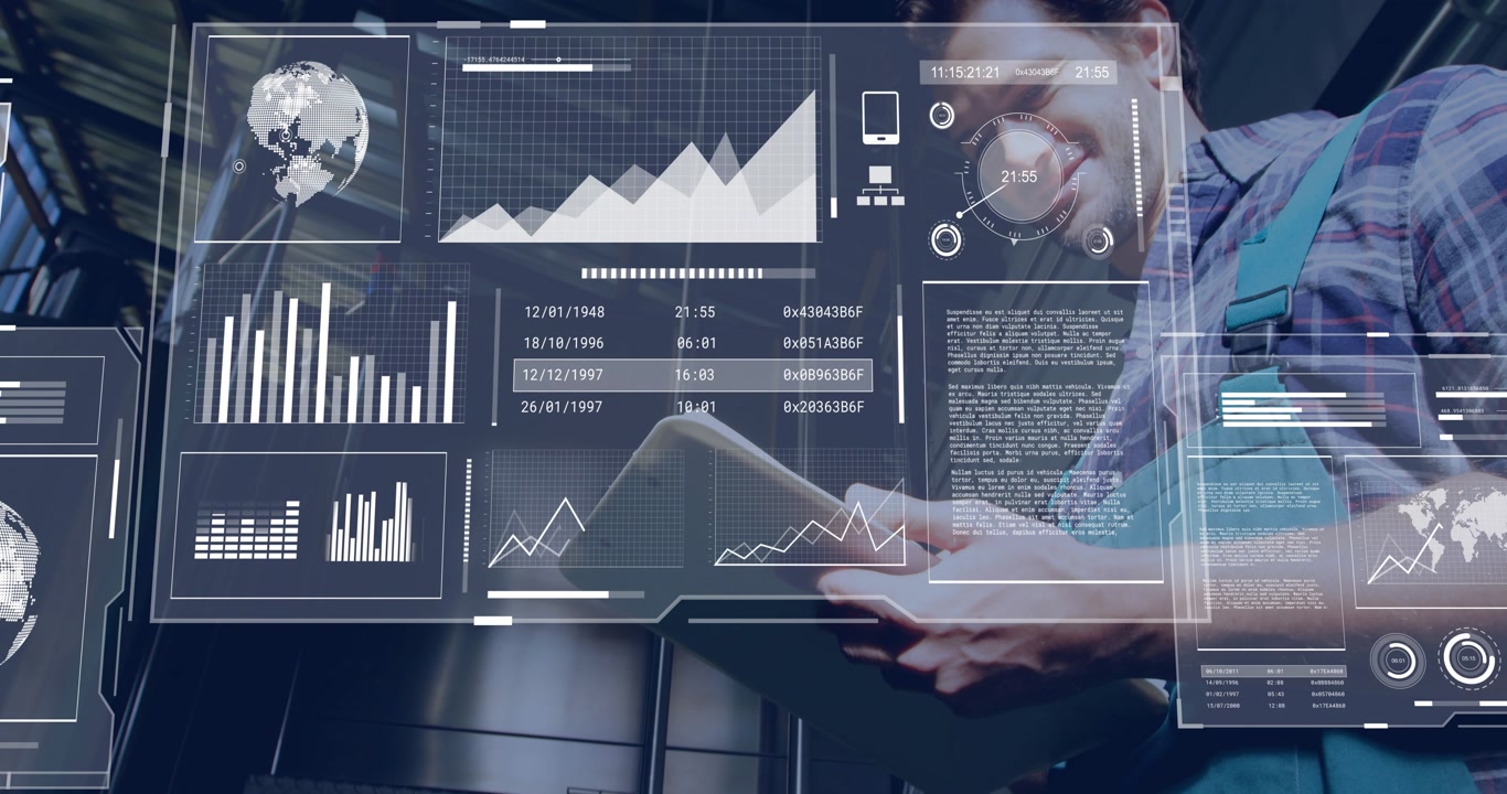 Engineer swiping tablet in industrial plant, updating holographic panels with charts and world maps