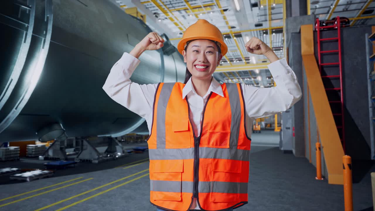 공장에서 성공을 축하하는 여성 엔지니어