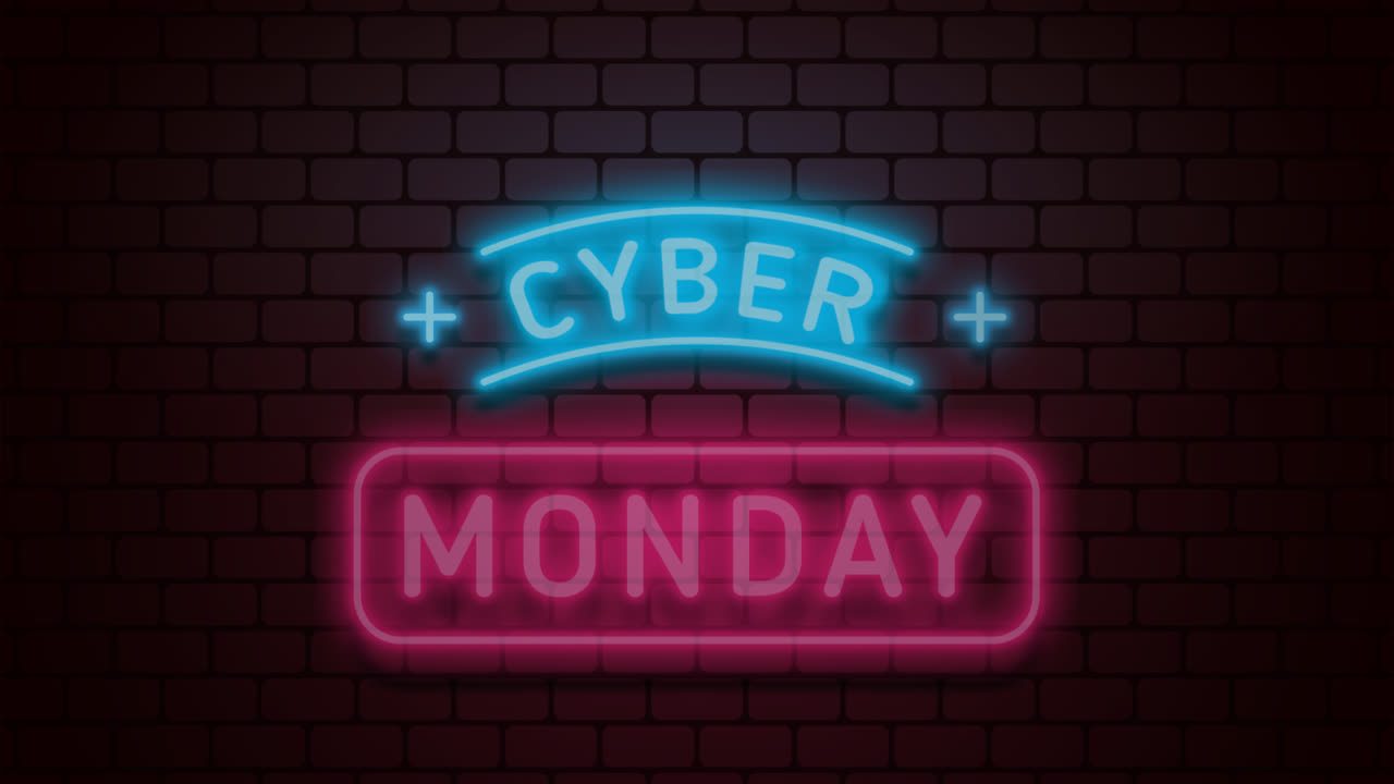 una animación de un fondo de venta de neón de cyber monday