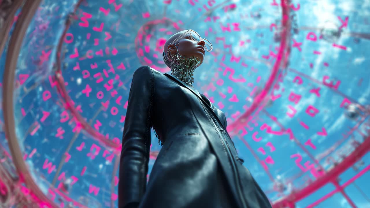 A futuristic humanoid figure stands confidently beneath a mesmerizing dome filled with vibrant pink symbols, reflecting a unique blend of technology, art, and elegance in an imaginative world