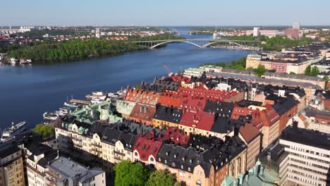 Beautiful-Aerial-View-Above-Swedish-Houses-on-Kungsholmen-Island,-Stockholm