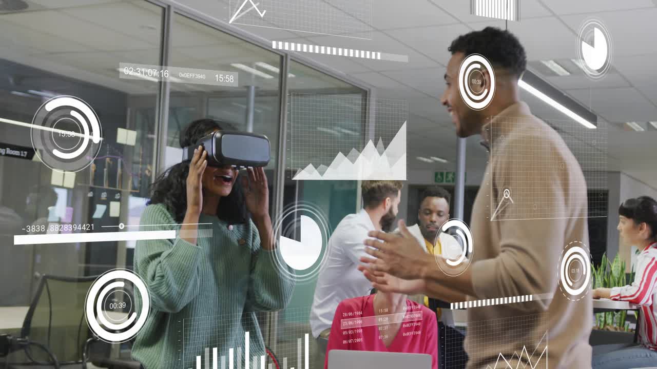 Woman lifting VR headset, initiating HUD and navigating virtual UI while lead guiding tech demo