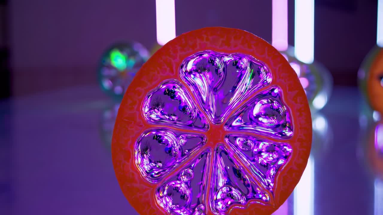 Iridescent citrus slice gleaming under vibrant neon light. Generating mesmerizing color play through intricate sculptural design. Blending contemporary art aesthetics with dynamic visual exploration