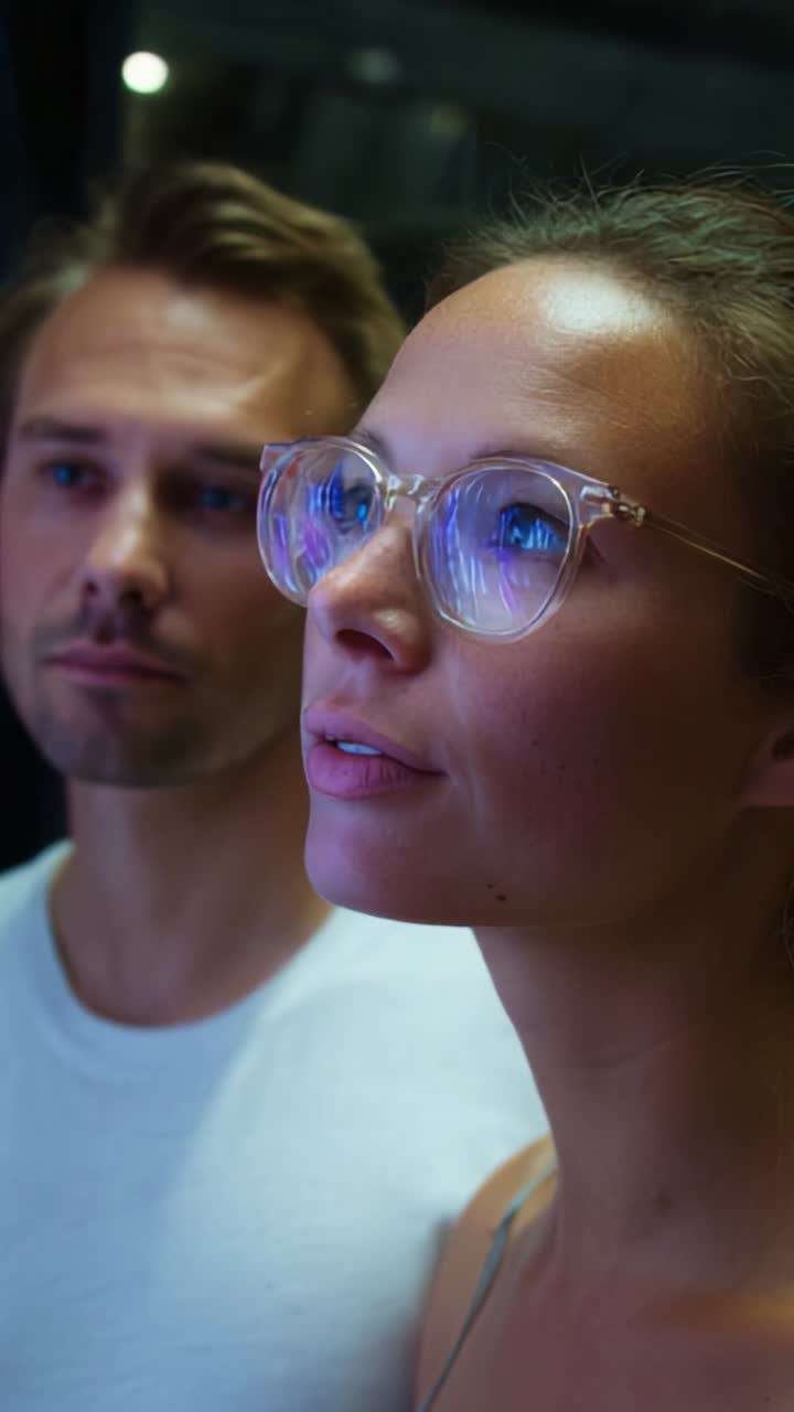 A contemplative moment between two individuals with glasses, focusing on the experience, showcasing emotions and connection in an intimate setting