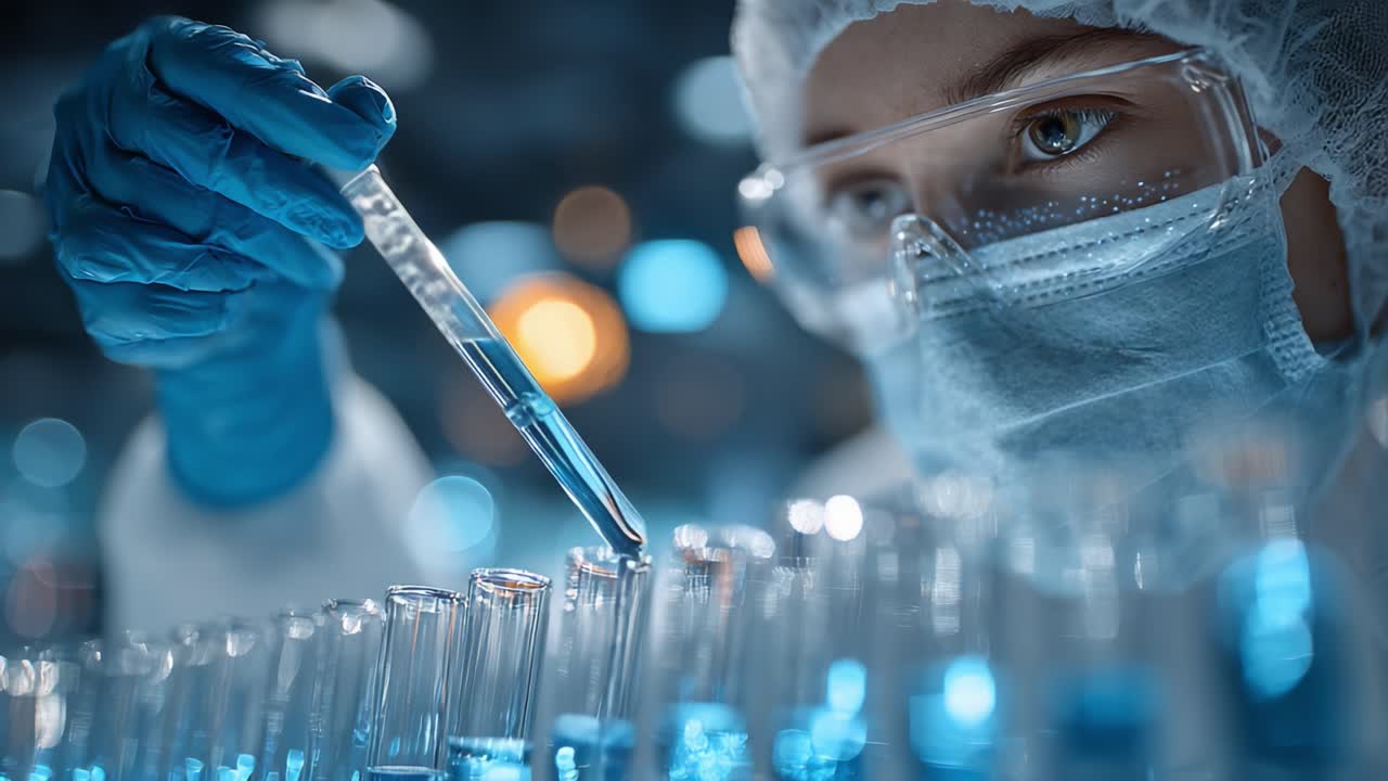 A focused scientist carefully transfers a blue liquid from a pipette into a row of glass test tubes, highlighting precision and professionalism in a laboratory setting