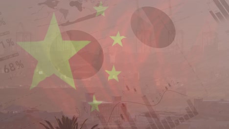 Animation-Der-Flagge-Chinas-Und-Finanzdatenverarbeitung-über-Dem-Stadtbild