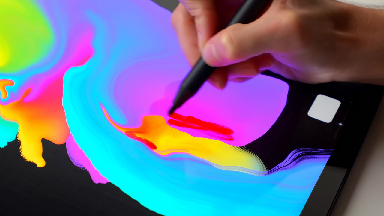 Hand Painting Neon Abstract On Tablet, Designer Sketching Vibrant Fluid Brushstrokes With Stylus